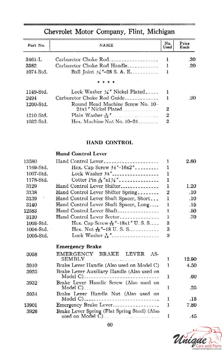 1912 Chevrolet Light and Little Six Parts Price List Page 66